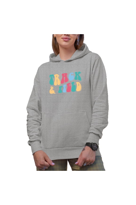 Track & Field, Running, Jumping & Throwing Sports Themed, Groovy Retro Wavy Text Merch Gift, Heather Grey Hooded Sweatshirt or Hoodie, Large
