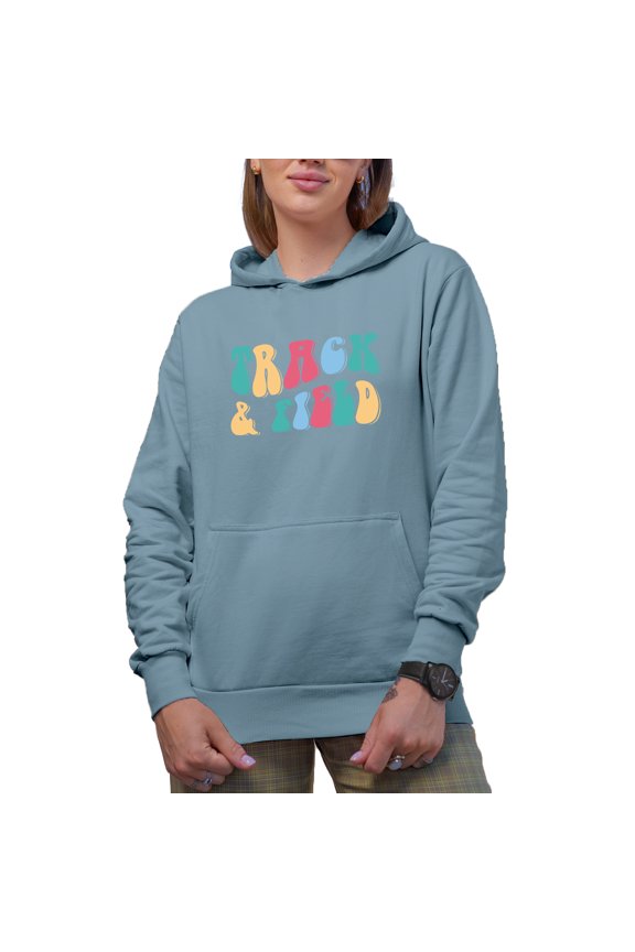 Track & Field, Running, Jumping & Throwing Sports Themed, Groovy Retro Wavy Text Merch Gift, Light Blue Hooded Sweatshirt or Hoodie, Large