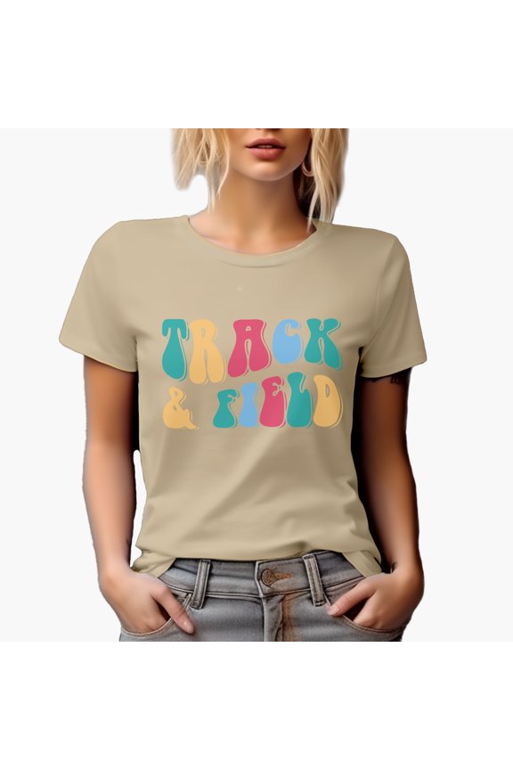 Track & Field, Running, Jumping & Throwing Sports Themed, Groovy Retro Wavy Text Merch Gift, Tan T-Shirt, Small
