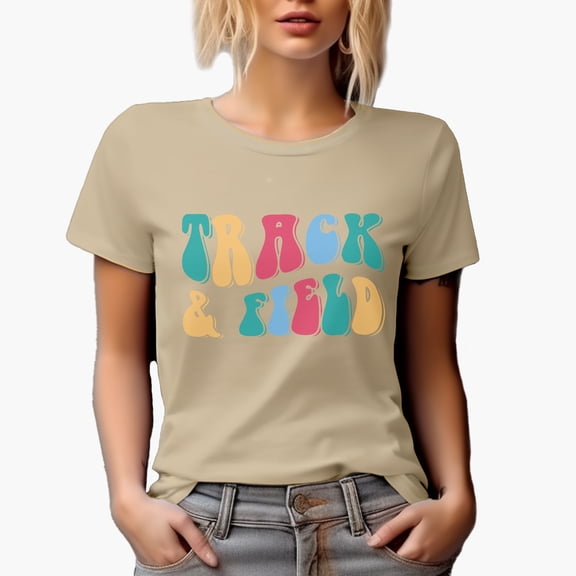 Track & Field, Running, Jumping & Throwing Sports Themed, Groovy Retro Wavy Text Merch Gift, Tan T-Shirt, XL