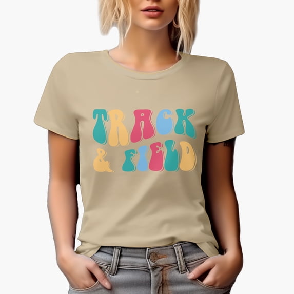 Track & Field, Running, Jumping & Throwing Sports Themed, Groovy Retro Wavy Text Merch Gift, Tan T-Shirt, XL