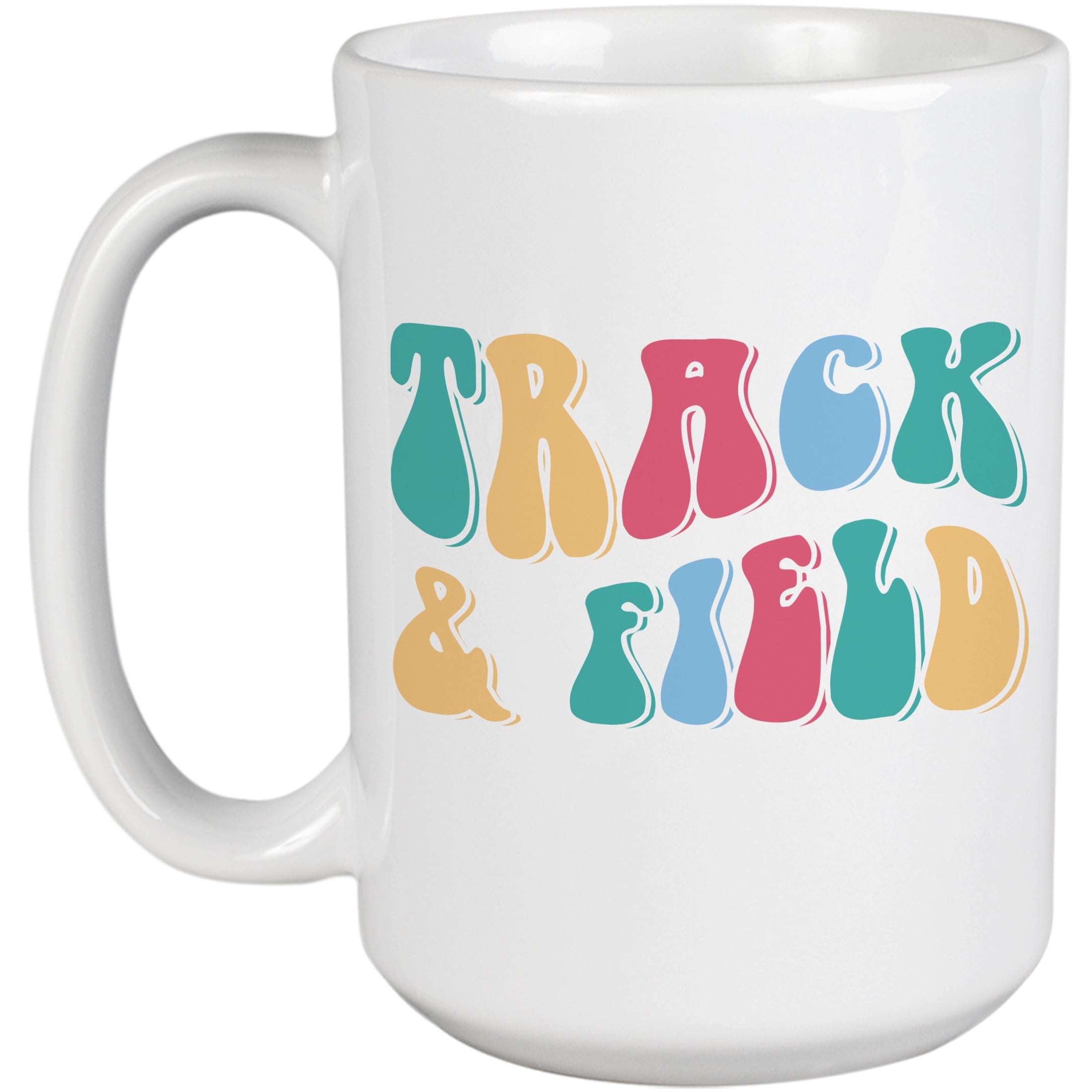 Track & Field, Running, Jumping & Throwing Sports Themed, Groovy Retro Wavy Text Merch Gift, White 15oz Ceramic Mug