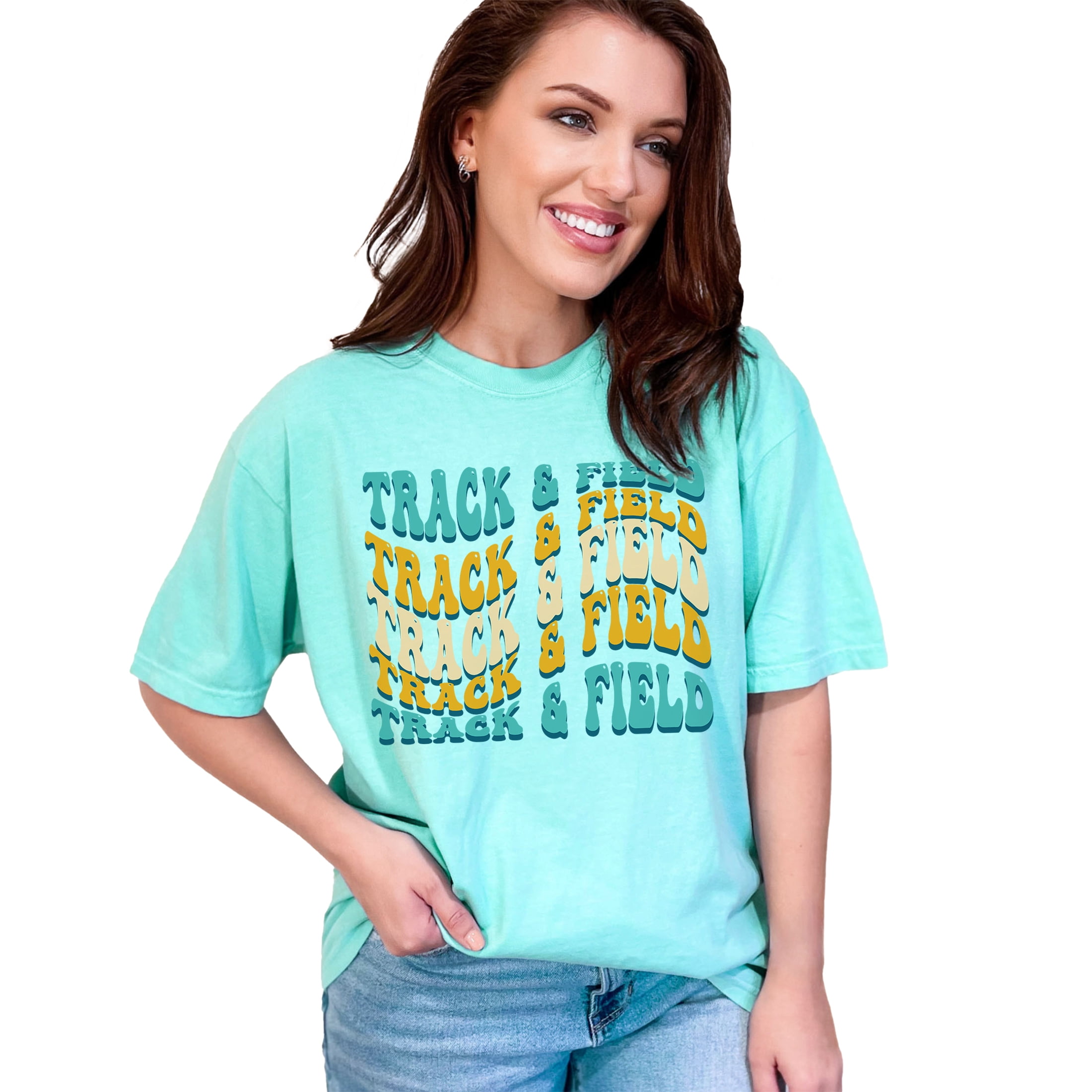 Track & Field, Sports Themed, Groovy Retro Wavy Text, Chalky Mint Comfort Colors T-Shirt, XL