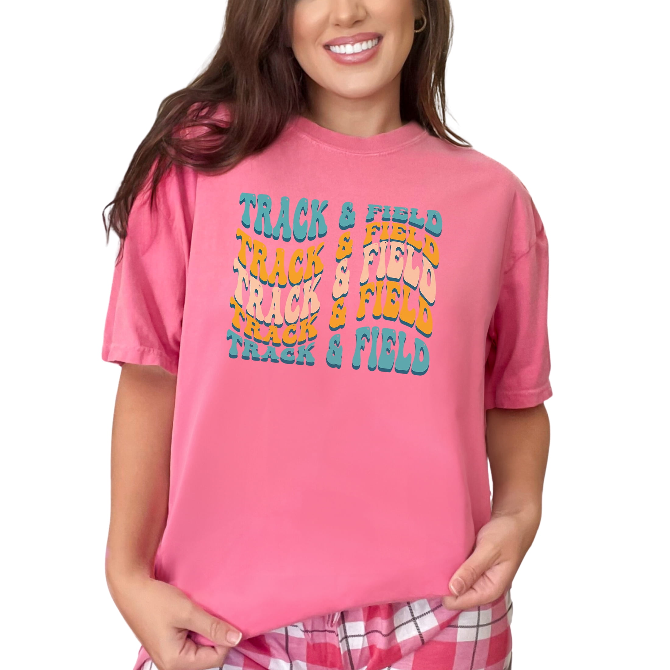 Track & Field, Sports Themed, Groovy Retro Wavy Text, Crunchberry Comfort Colors T-Shirt, 3XL