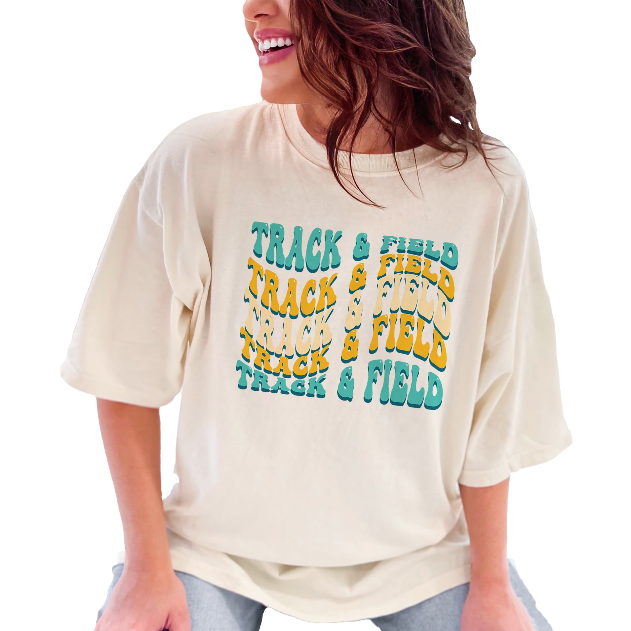 Track & Field, Sports Themed, Groovy Retro Wavy Text, Ivory Comfort Colors T-Shirt, Large