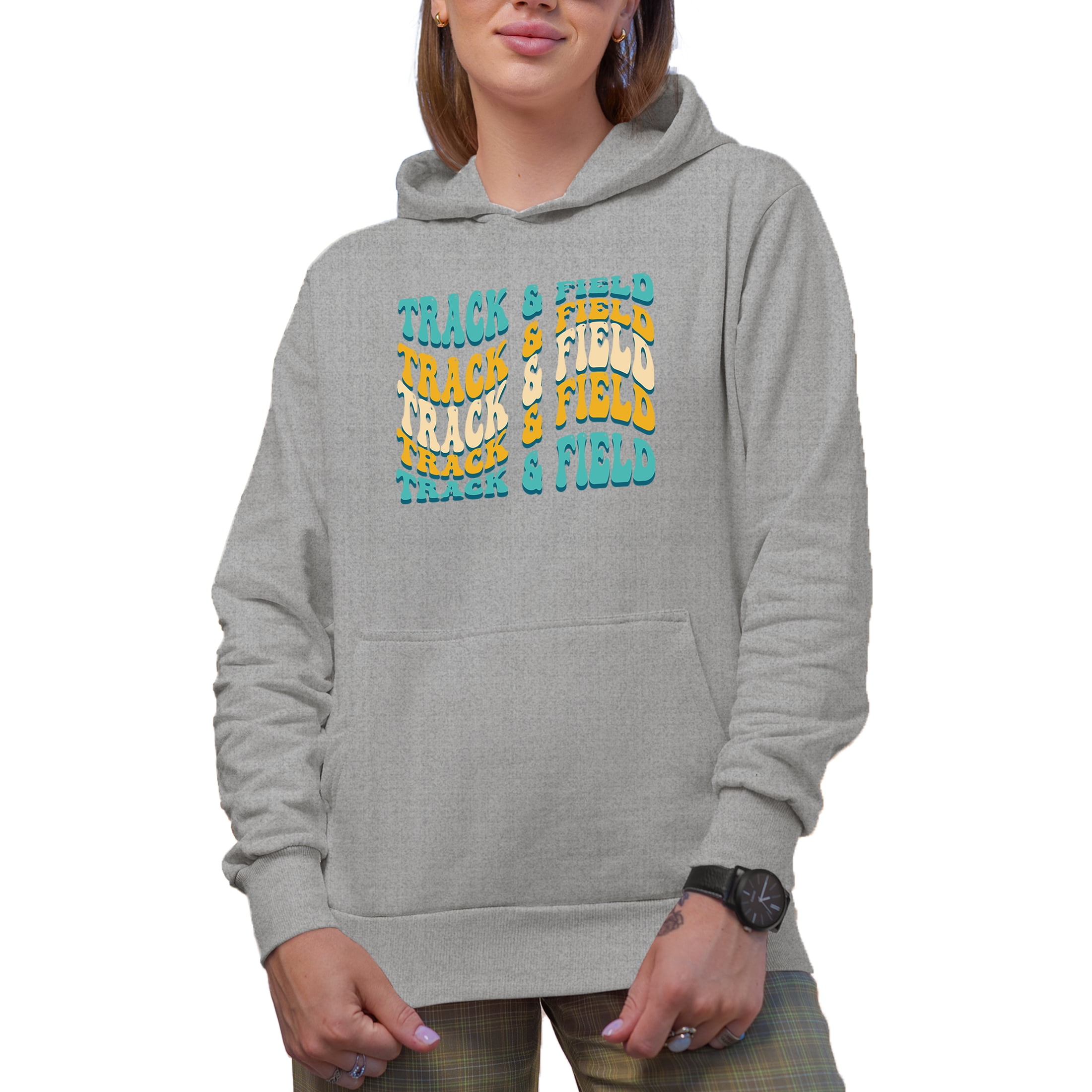 Track & Field, Sports Themed, Groovy Retro Wavy Text Merch Gift, Heather Grey Hooded Sweatshirt or Hoodie, Large