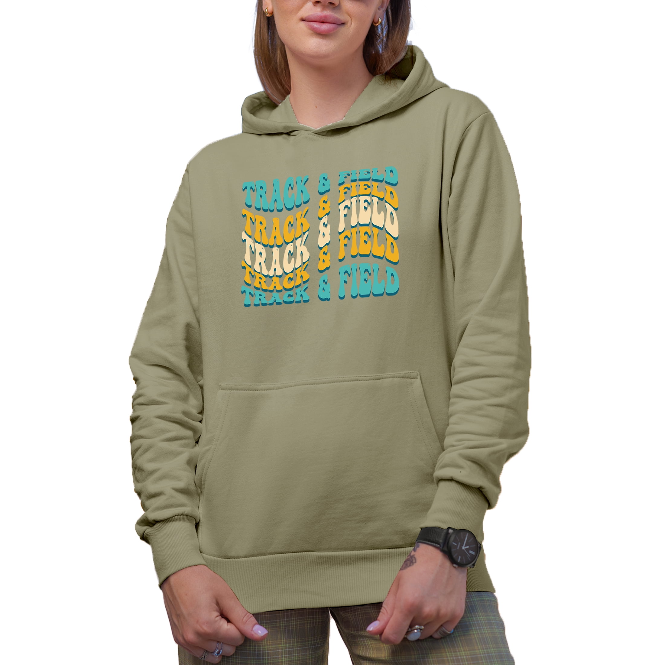 Track & Field, Sports Themed, Groovy Retro Wavy Text Merch Gift, Sand Hooded Sweatshirt or Hoodie, Small