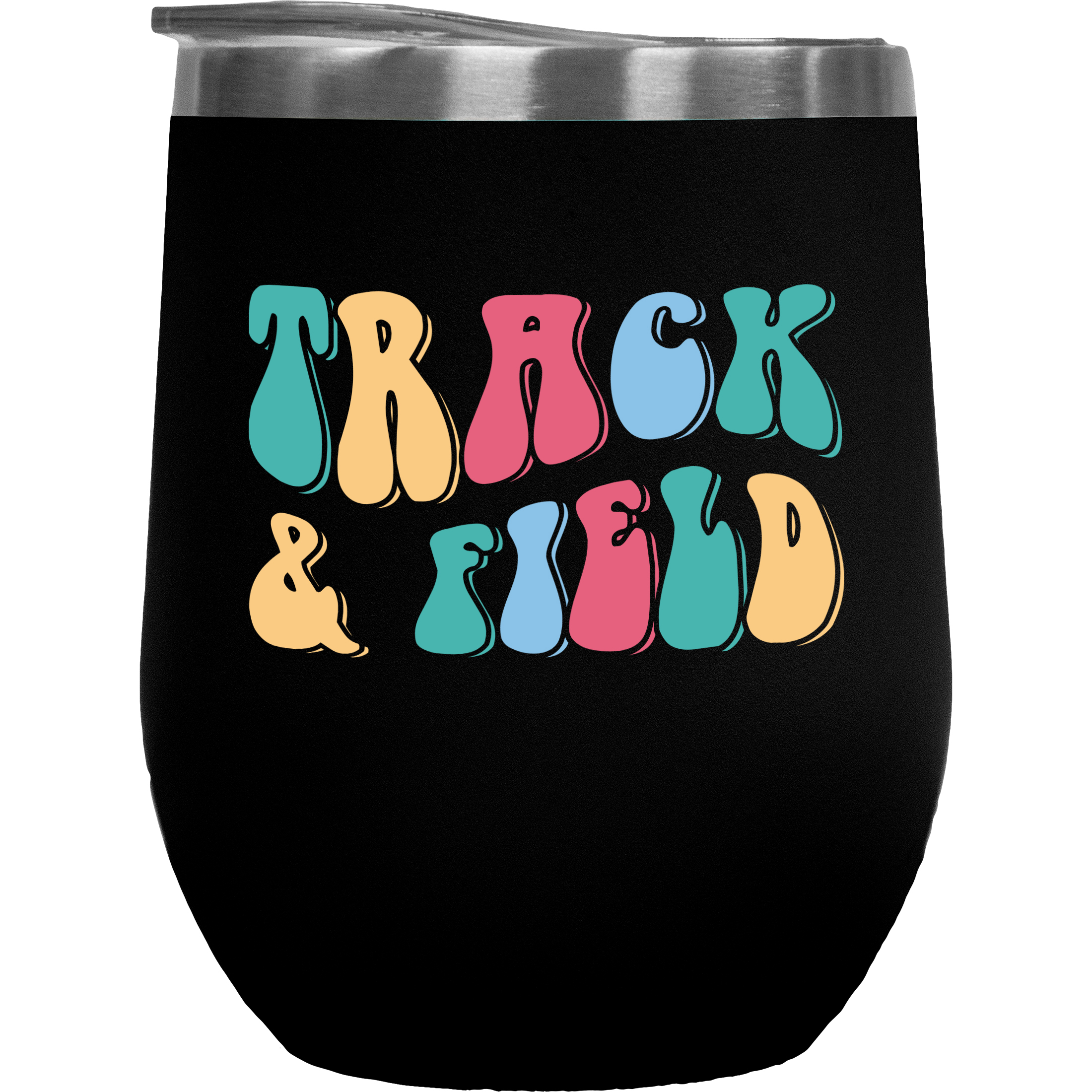 Track & Field, Sports or Athlete Themed, Groovy Retro Wavy Text Merch Gift, Black 12oz Wine Tumbler