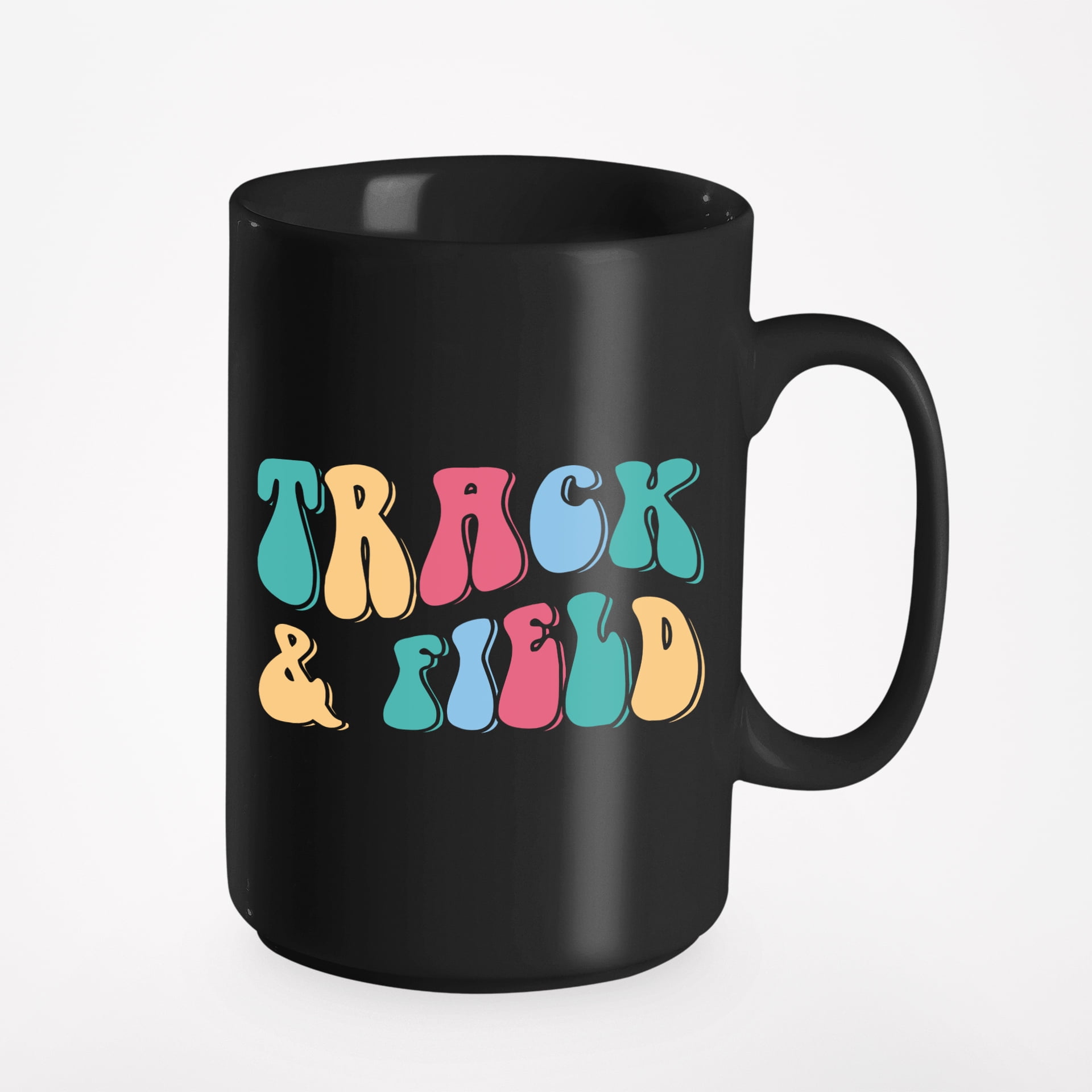 Track & Field, Sports or Athlete Themed, Groovy Retro Wavy Text Merch Gift, Black 15oz Ceramic Mug
