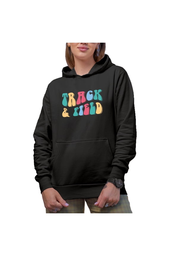 Track & Field, Sports or Athlete Themed, Groovy Retro Wavy Text Merch Gift, Black Hooded Sweatshirt or Hoodie, 3XL