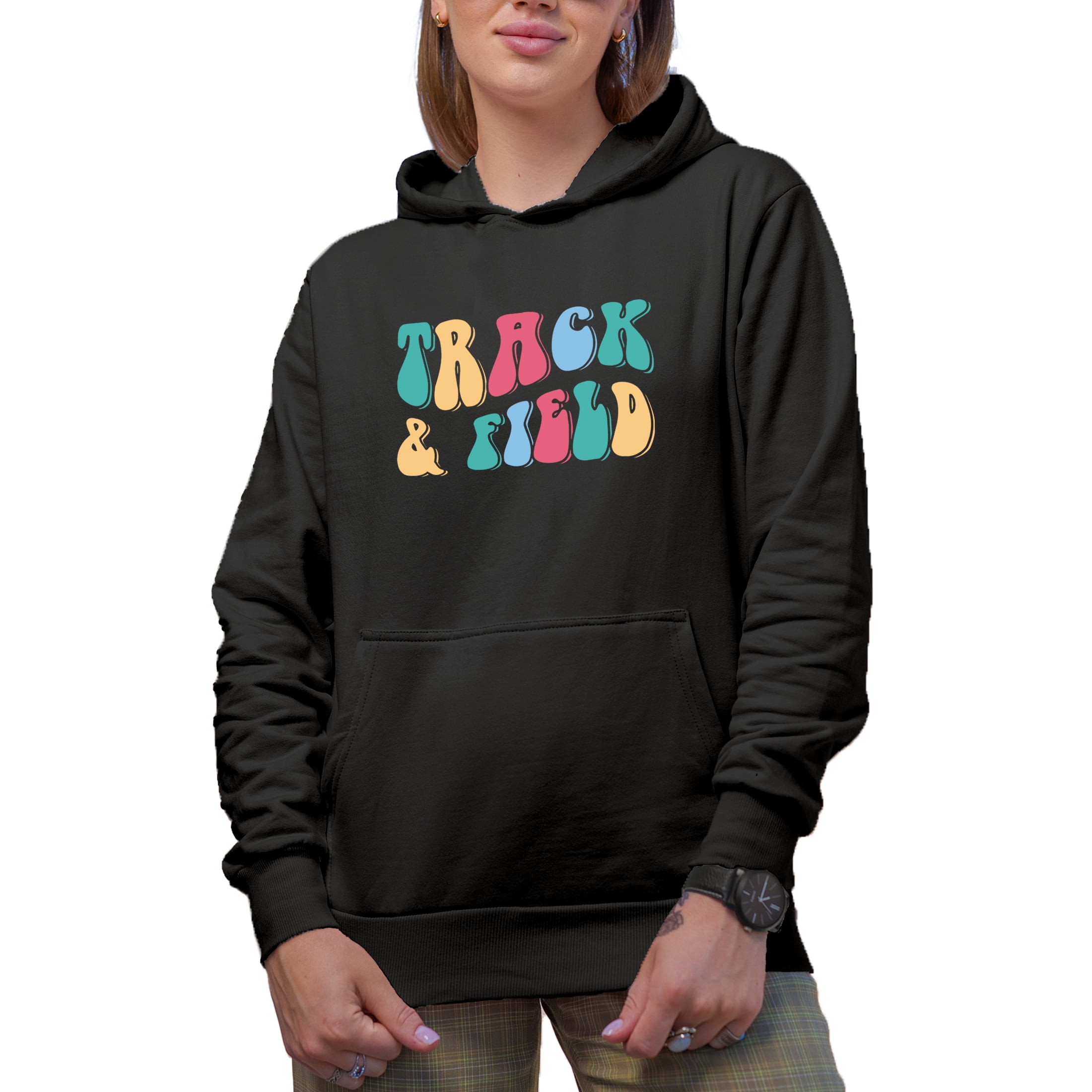 Track & Field, Sports or Athlete Themed, Groovy Retro Wavy Text Merch Gift, Black Hooded Sweatshirt or Hoodie, Small
