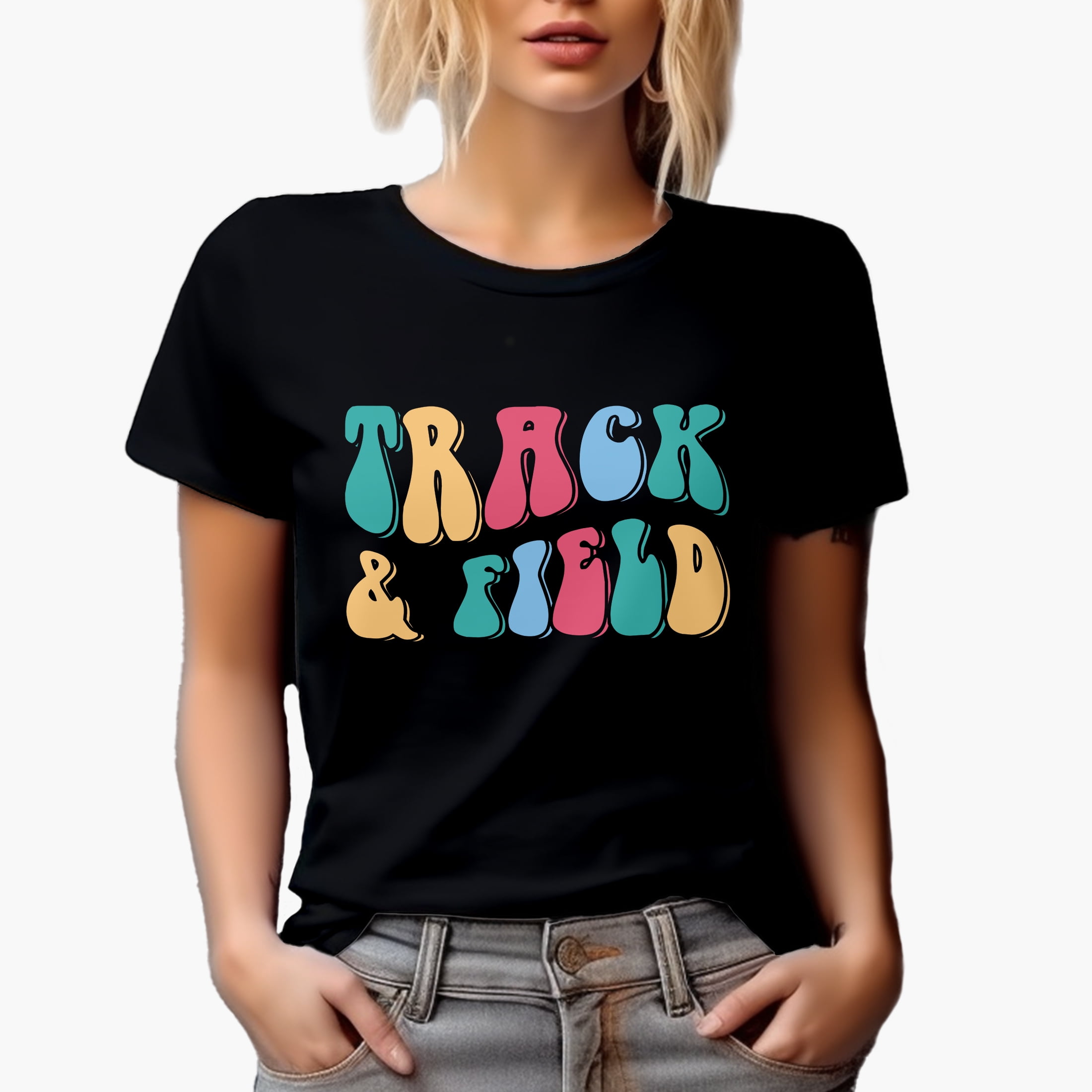 Track & Field, Sports or Athlete Themed, Groovy Retro Wavy Text Merch Gift, Black T-Shirt, XL