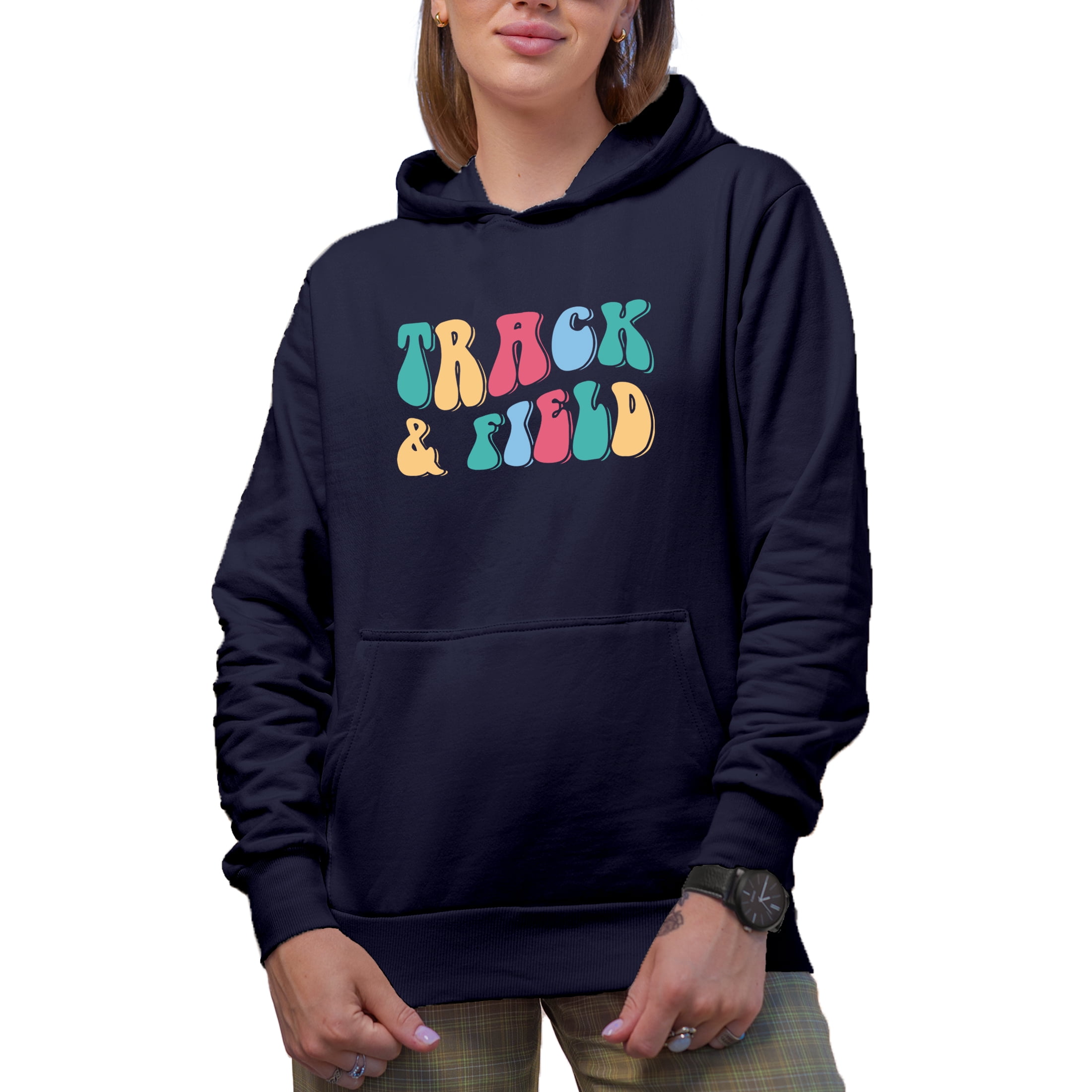 Track & Field, Sports or Athlete Themed, Groovy Retro Wavy Text Merch Gift, Navy Blue Hooded Sweatshirt or Hoodie, Small