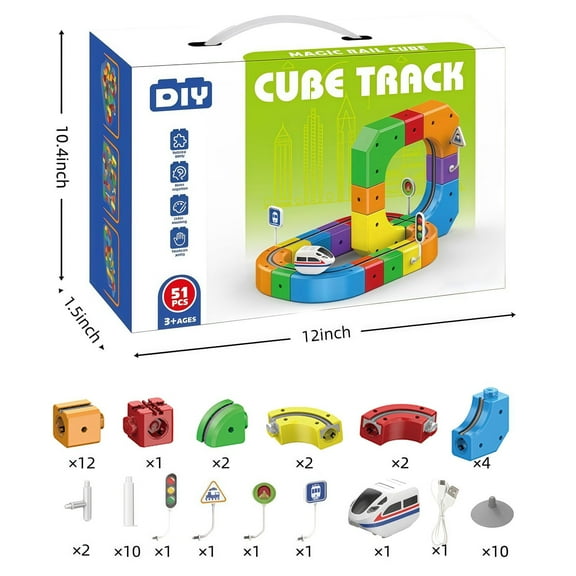 Track Fusion Train Set, 51Pcs Flexible Race Trackfusion Train, Magic Rail Cube Magnetic Monorail, Antigravity Car Block Track Fusion Toy for Kids