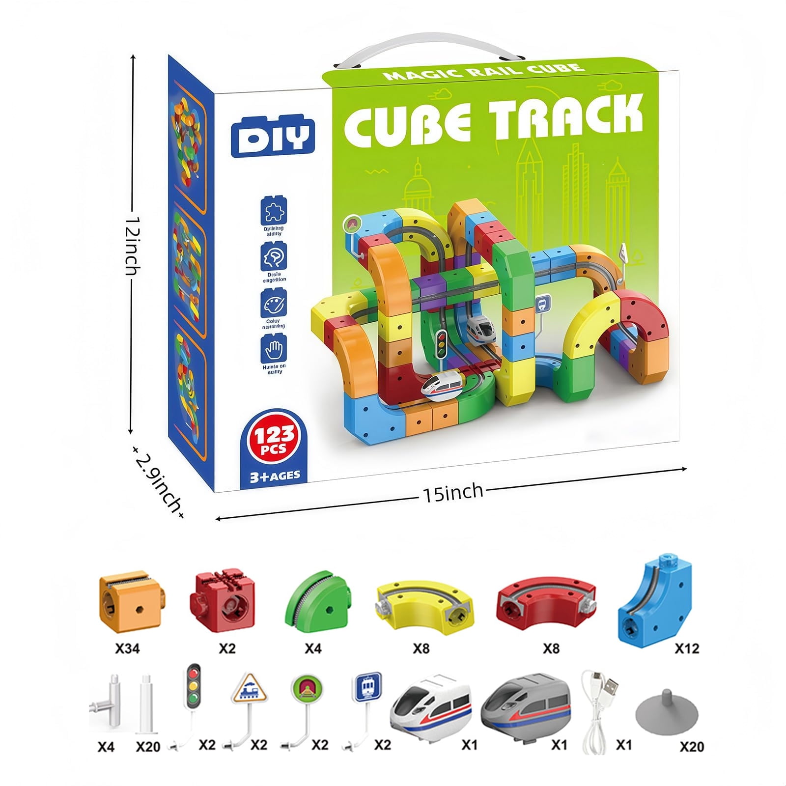 Electric Train Set Flexible Race Track, 123pcs Magic Rail Cube Train