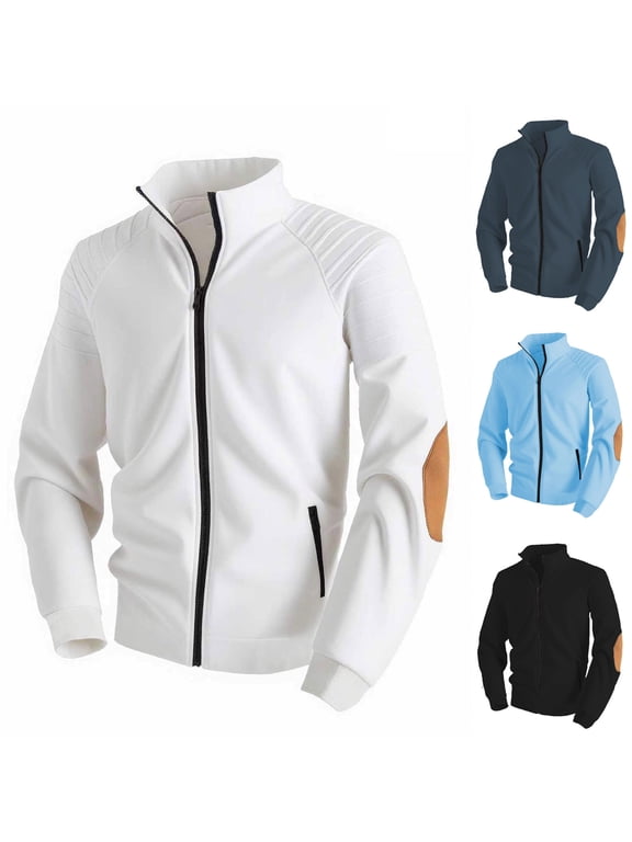 Track Jacket for Men Stand Collar Zip Up Athletic Outer Coat Elbow Patch Workout Jogging Casual Sportswear Outerwear