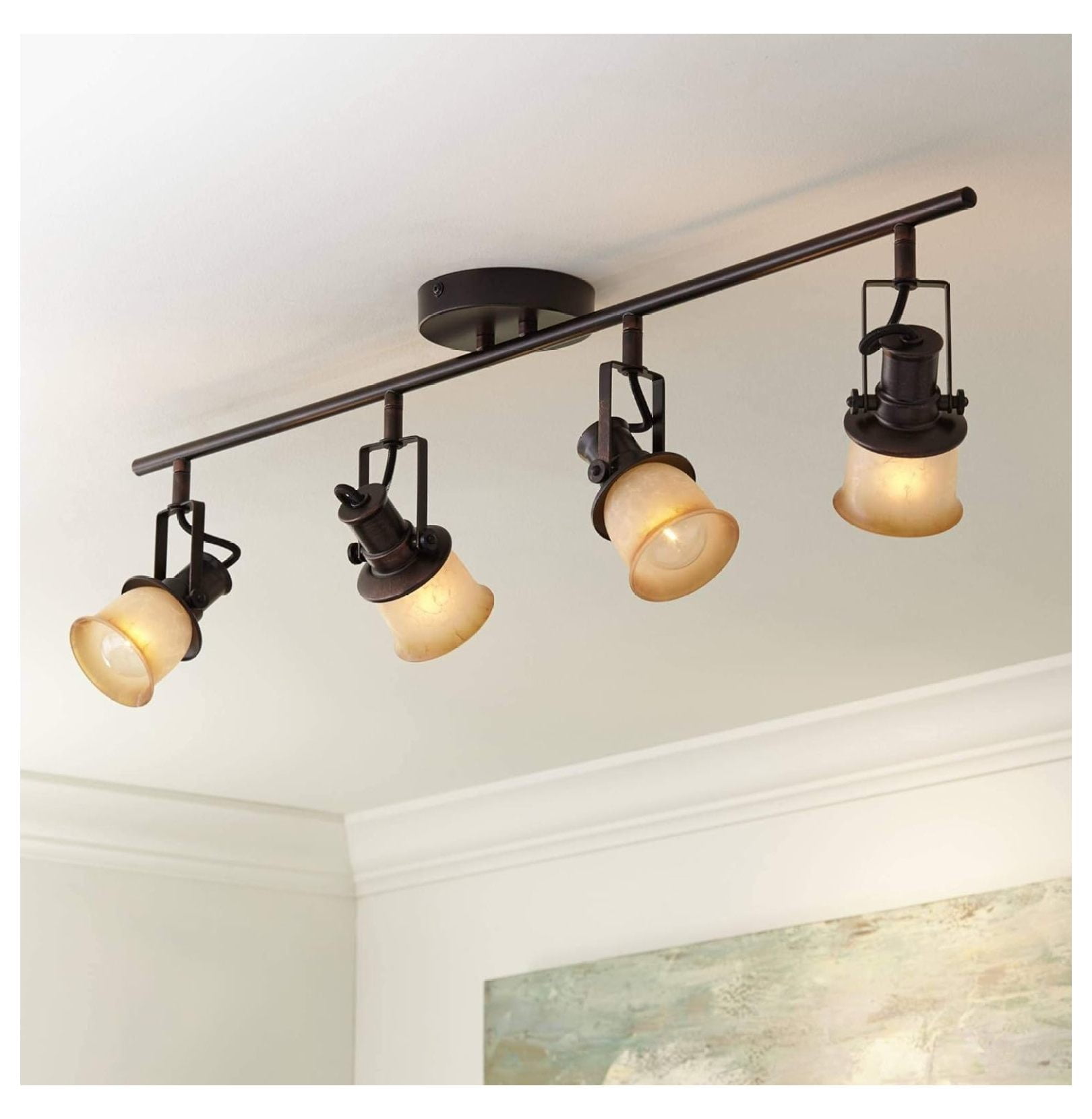 Bronze 4-Light Track Fixture with Amber Glass Shades