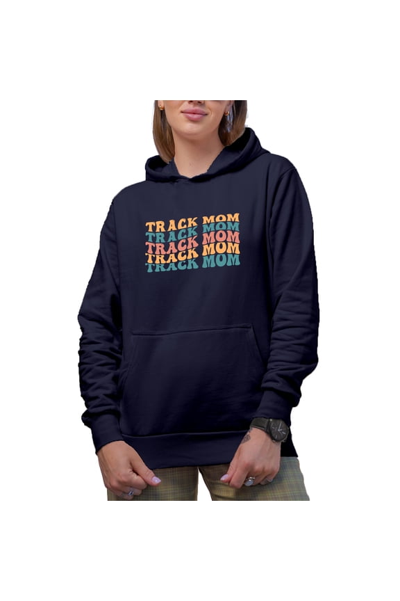 Track Mom, Mama of a Sprinter, Distance Runner, Hurdler or Shot Putter, Groovy Retro Wavy Text Merch Gift, Navy Blue Hooded Sweatshirt or Hoodie, Medium