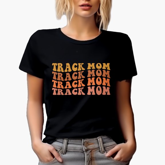 Track Mom, Mama of a Running Enthusiast or Runner Themed, Groovy Retro Wavy Text Merch Gift, Black T-Shirt, Small