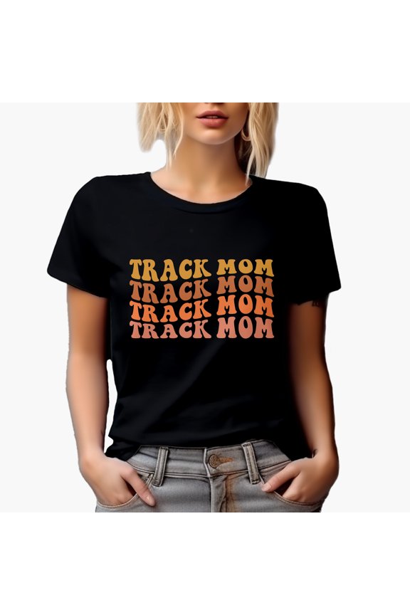 Track Mom, Mama of a Running Enthusiast or Runner Themed, Groovy Retro Wavy Text Merch Gift, Black T-Shirt, Small