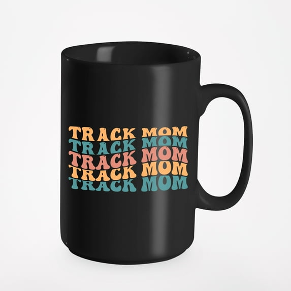 Track Mom, Mama of a Sprinter, Distance Runner, Hurdler or Shot Putter, Groovy Retro Wavy Text Merch Gift, Black 15oz Ceramic Mug