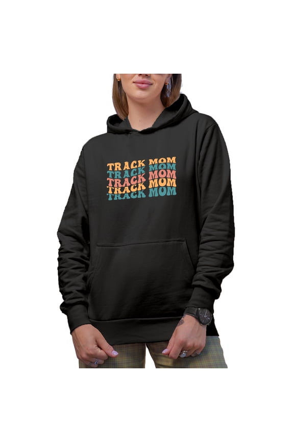 Track Mom, Mama of a Sprinter, Distance Runner, Hurdler or Shot Putter, Groovy Retro Wavy Text Merch Gift, Black Hooded Sweatshirt or Hoodie, Small