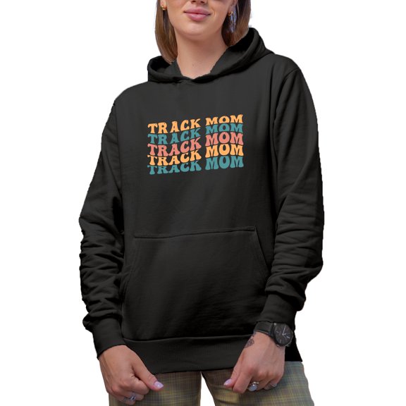 Track Mom, Mama of a Sprinter, Distance Runner, Hurdler or Shot Putter, Groovy Retro Wavy Text Merch Gift, Black Hooded Sweatshirt or Hoodie, XL