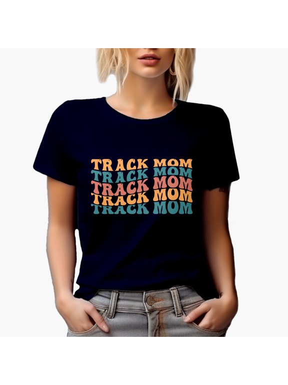 Track Mom, Mama of a Sprinter, Distance Runner, Hurdler or Shot Putter, Groovy Retro Wavy Text Merch Gift, Navy Blue T-Shirt, XL