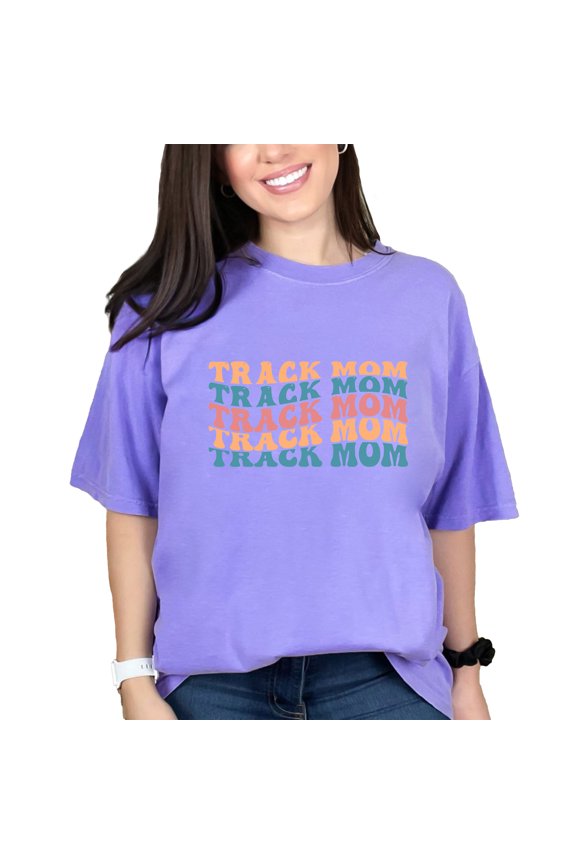 Track Mom, Mama of a Sprinter, Distance Runner, Hurdler or Shot Putter, Groovy Retro Wavy Text, Violet Comfort Colors T-Shirt, 3XL