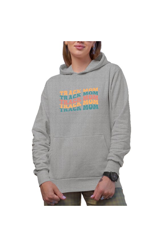 Track Mom, Mother of a Sprinter, Distance Runner, Hurdler or Shot Putter, Groovy Retro Wavy Text Merch Gift, Heather Grey Hooded Sweatshirt or Hoodie, XL
