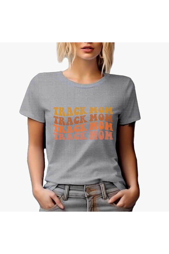 Track Mom, Mother of a Running Enthusiast or Runner Themed, Groovy Retro Wavy Text Merch Gift, Heather Grey T-Shirt, Medium