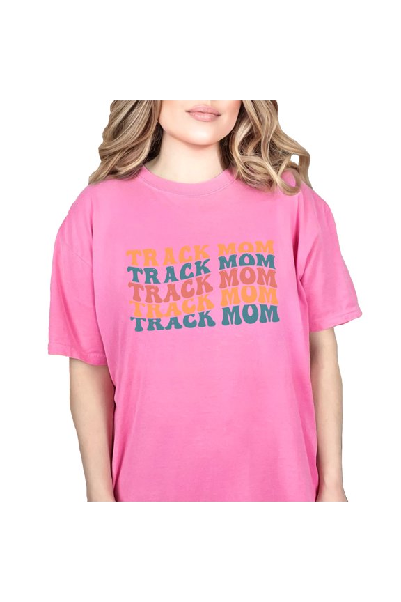 Track Mom, Mother of a Sprinter, Distance Runner, Hurdler or Shot Putter, Groovy Retro Wavy Text, Crunchberry Comfort Colors T-Shirt, 3XL