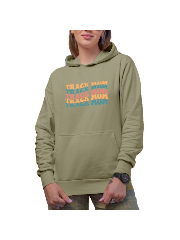 Track Mom, Mother of a Sprinter, Distance Runner, Hurdler or Shot Putter, Groovy Retro Wavy Text Merch Gift, Sand Hooded Sweatshirt or Hoodie, Small
