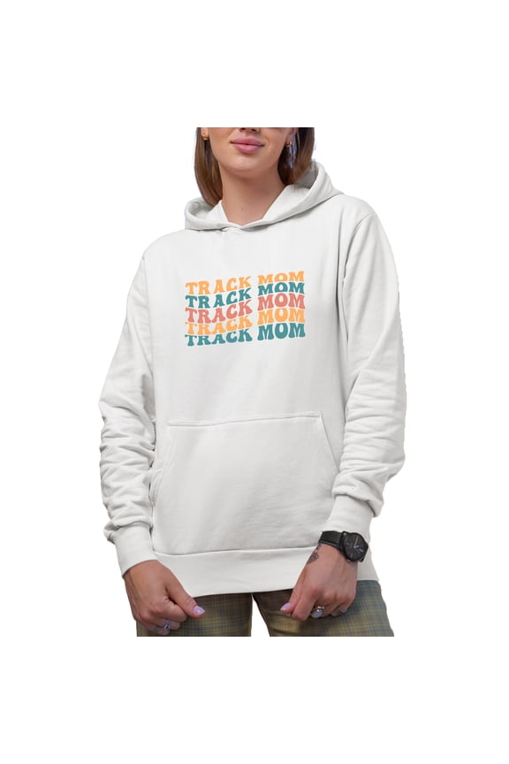 Track Mom, Mother of a Sprinter, Distance Runner, Hurdler or Shot Putter, Groovy Retro Wavy Text Merch Gift, White Hooded Sweatshirt or Hoodie, 3XL