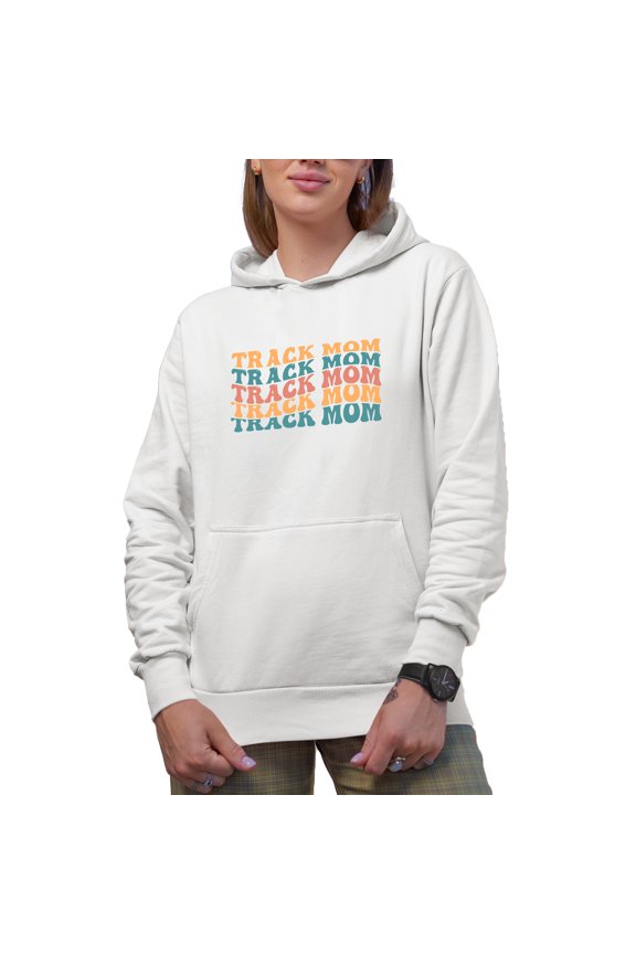 Track Mom, Mother of a Sprinter, Distance Runner, Hurdler or Shot Putter, Groovy Retro Wavy Text Merch Gift, White Hooded Sweatshirt or Hoodie, Large