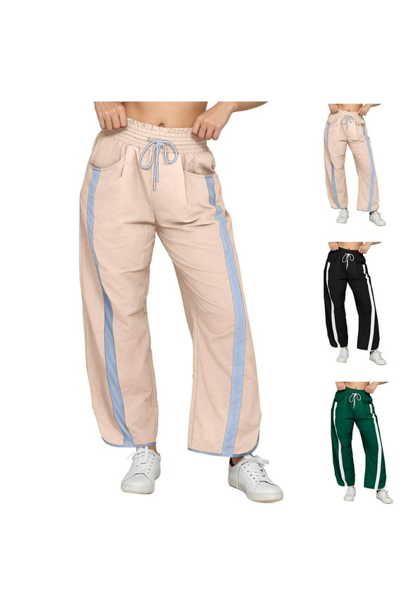 Track Pants Women Casual Drawstring Barrel Pant Lightweight Baggy Contrast Color Workout Pants with Pockets Brown L