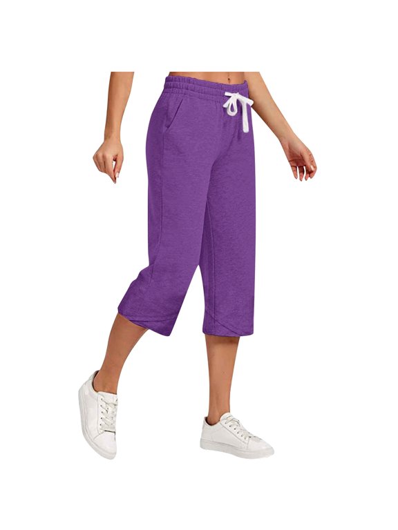 Track Pants Women New Capris Pants for Women Casual Cotton Linen Stretchy Waisted Drawstring Pants Summer Loose Pants with Pockets Light Weight Pants for Women New Purple 3XL