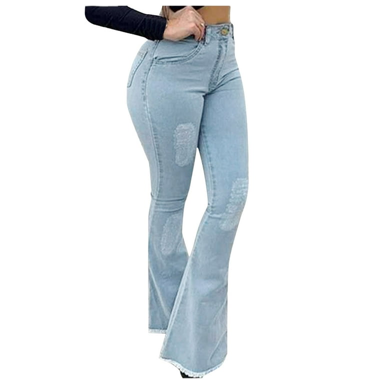 Track Pants Women Elastic Pants Classic Solid Color Denim Bell Botton Jeans  With Pockets Bottom Trousers