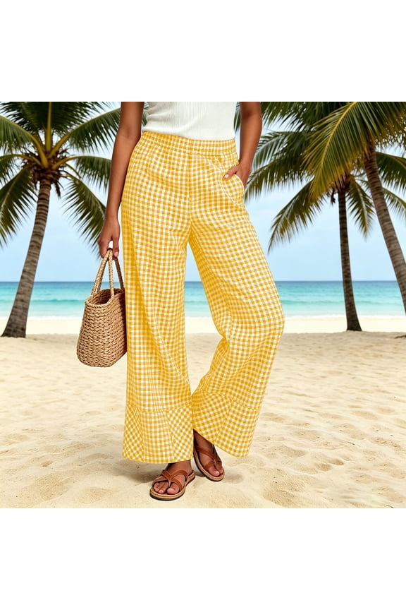 Track Pants Women Women's Plaid Wide Leg Pants Elastic Waist Lightweight Cotton Casual Summer Boho Trousers with Side Pockets Yellow XL