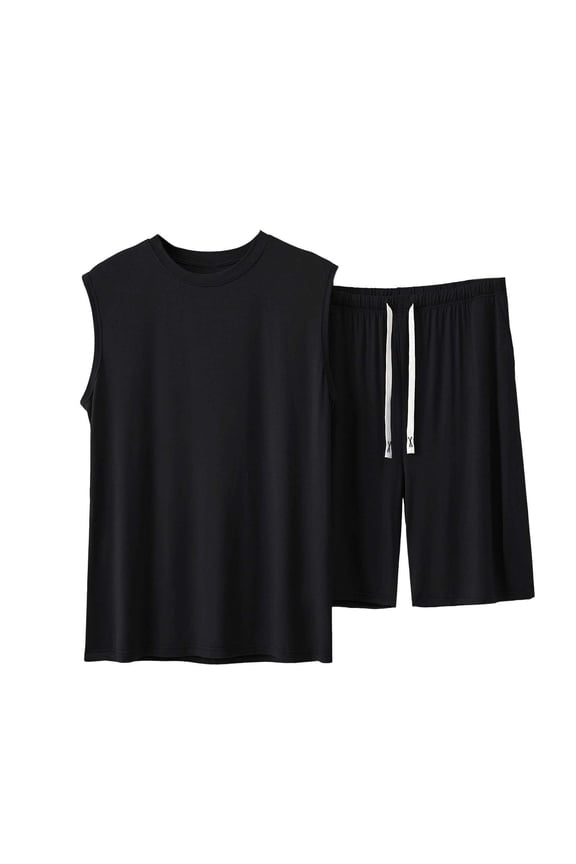 Track Sets for Men 2 Piece Round Neck Sleeveless Shirts And Drawstring Baggy Elastic Waist Shorts Summer Cotton Comfy Workout Sets Black L