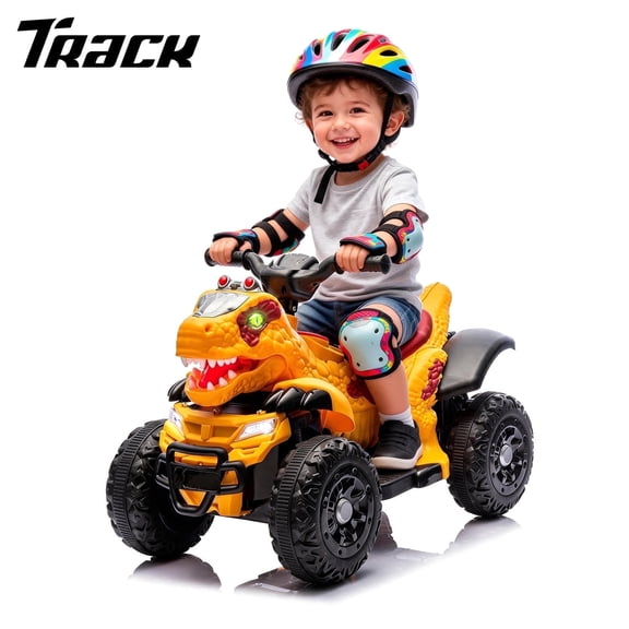 Track Seven 12V Electric Ride-On ATV, Dinosaur Four Wheeler Electric Car with Bluetooth, LED Lights, Music, Electric Quad Ride-On Toy Car for Toddlers Boys Girls Age 2+, Yellow