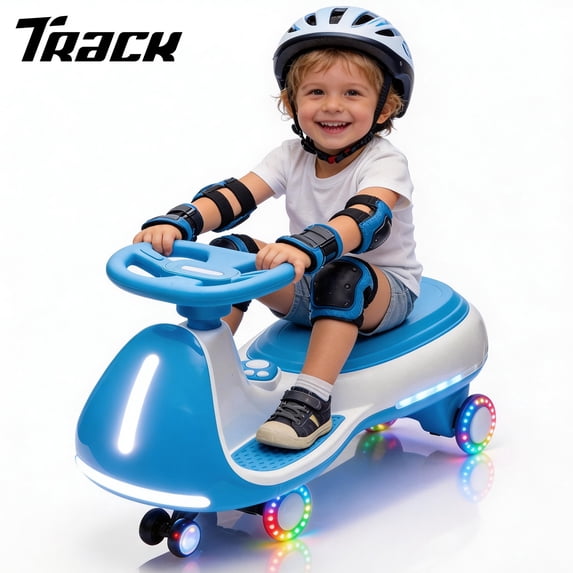 Track Seven 12V Electric Wiggle Car with Pedal, 2 in 1 Swing Car, Bluetooth, LED Lights, Flashing PU Wheels, Max Speed 5 Mph, Anti-Rollover, 12V Ride on Toy Car for Kids Toddlers Aged 3+, Blue
