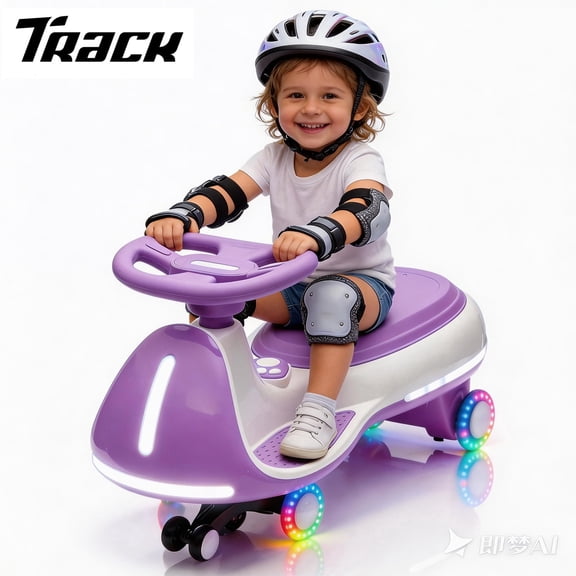 Track Seven 12V Electric Wiggle Car with Pedal, 2 in 1 Swing Car, Bluetooth, LED Lights, Flashing PU Wheels, Max Speed 5 Mph, Anti-Rollover, 12V Ride on Toy Car for Kids Toddlers Aged 3+, Purple