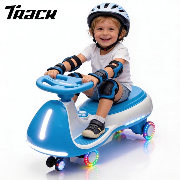Track Seven 12V Electric Wiggle Car with Pedal, 2 in 1 Swing Car, Bluetooth, LED Lights, Flashing PU Wheels, Max Speed 5 Mph, Anti-Rollover, 12V Ride on Toy Car for Kids Toddlers Aged 3+, Blue