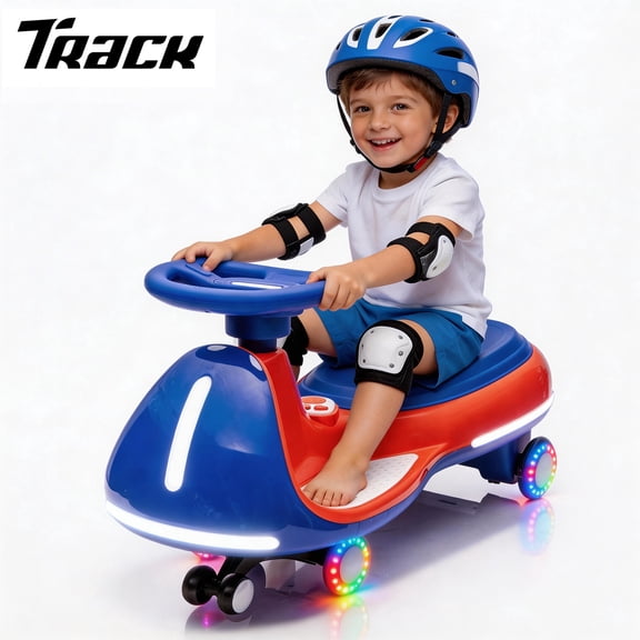 Track Seven 12V Electric Wiggle Car with Pedal, 2 in 1 Swing Car, Bluetooth, LED Lights, Flashing PU Wheels, Max Speed 5 Mph, Anti-Rollover, 12V Ride on Toy Car for Kids Toddlers Aged 3+, Blue+Red