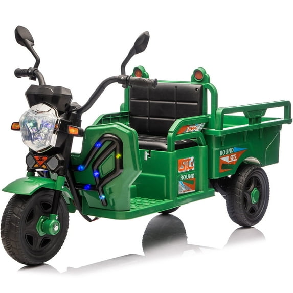 Track Seven 12V Kids Ride on Car, Electric 3-Wheel Cargo Truck with Large Storage Space, LED Lights, Music, Electric Trike Ride on Toy for Kids Aged 3+, Green