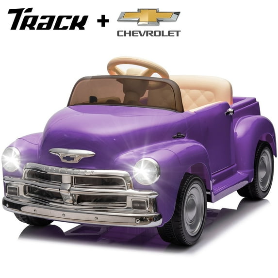 Track Seven 12V Kids Ride on Car, Licensed Chevrolet 3100 Pickup Electric Car with Remote Control, LED Lights, Bluetooth, Power Indicator, Kids Ride on Truck Toy for Boys Girls Age 3+, Purple