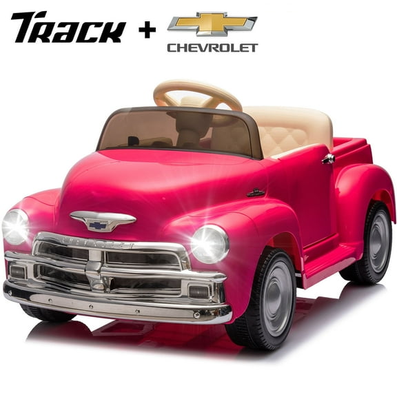 Track Seven 12V Kids Ride on Car, Licensed Chevrolet 3100 Pickup Electric Car with Remote Control, LED Lights, Bluetooth, Power Indicator, Storage, Kids Ride on Truck Toy for Boys Girls Age 3+, Pink