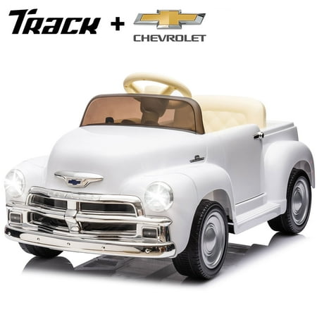 Track Seven 12V Kids Ride on Car, Licensed Chevrolet 3100 Pickup Electric Car with Remote Control, LED Lights, Bluetooth, Power Indicator, Storage, Kids Ride on Truck Toy for Boys Girls Age 3+, White