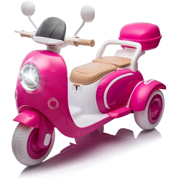 Track Seven 12V Kids Ride on Motorcycle, 3-Wheel 2-Seater Electric Motorcycle with Dual Motor, Bluetooth, LED Lights, Storage Trunk, Front Hook, Ride on Toy Car for Boys Girls Aged 3+, Rose Red